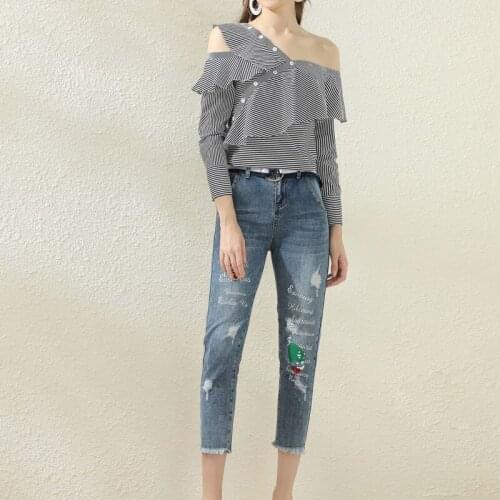 QUALITY New HIGH 2021 Summer Fashion Runway Designer Set Womens V-neck Ruffles striped Blouses shirt Denim long pants Set