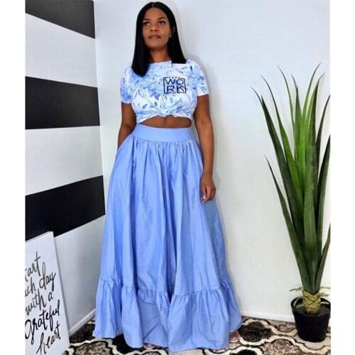 2 Pieces Set Sexy Summer Fashion Women Set 2021 Female Tops Floral Print Short Sleeve T-Shirt Solid Color Long Maxi Skirts Suits