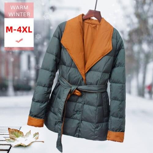 Women Short White Duck Down Jacket Tailored Collar Female Soft Slim Contrast Color Warm Coat With Belt Big Size Covered Button
