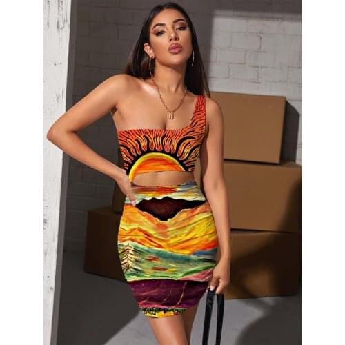 Giyu Brand Graffiti Dresses Women Painting Hollow out Dresses Abstract 3d Print Colorful Pleating Womens Clothing Mini Evening