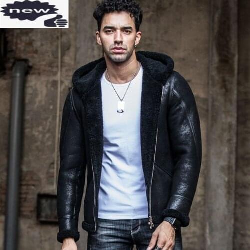 Winter Mens Luxury Natural Shearling Hoody Biker Thick Warm Wool Real Fur Lining Coat Sheepskin Genuine Leather Jacket 5XL