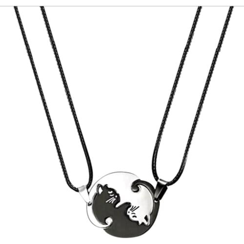 1 Pair Splice Cat Couple Stainless Steel Love Heart Round Yin Yang Pendant Necklace Fashion Jewelry Unisex Gift in Stock