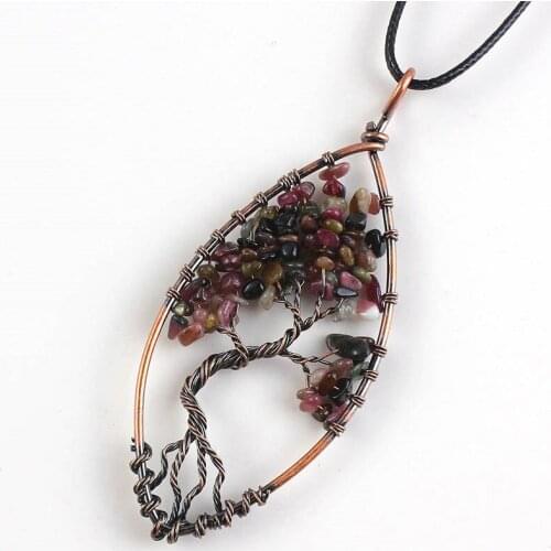 100-Unique 1 Pcs Charm Copper Natural Tourmaline Stone Tree of Life Pendant Marquise Shape Necklace