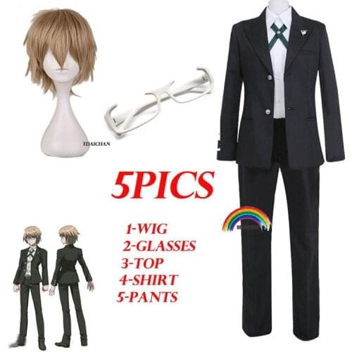 5PICS Danganronpa Togami Byakuya Cosplay Wigs Short Fluffy Layered Synthetic Hair Halloween Costume Party Wigs Wig Cap Glass