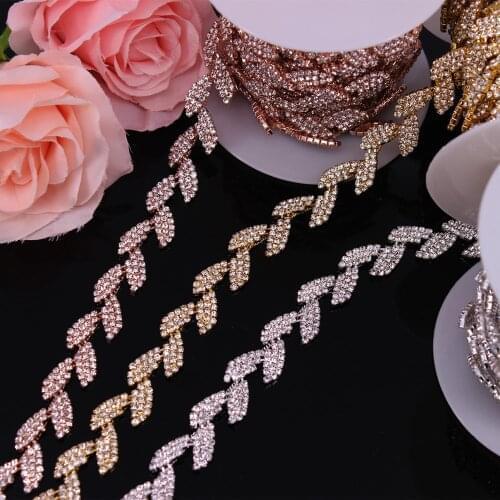 5Yard/Lot Rose Gold Crystal Wedding Dress Belt Bridal Cup Chain Trim Leaf shape Rhinestone Trim Sew on Dress,Bags,Shoes