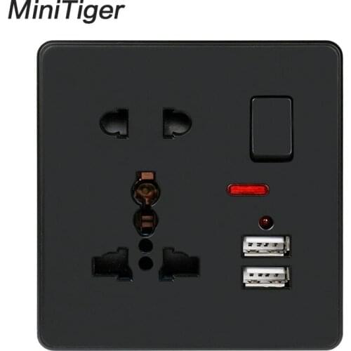 Minitiger Black Wall Power Socket 13A Universal 5 Hole Switched Outlet 2.1A Dual USB Charger Port LED indicator