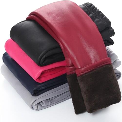 Kids Girls Winter Leggings Thick Velvet Leggings Pencil Pants Children Warm Trousers Faux Pu Leather Legging Slim Leather Pants