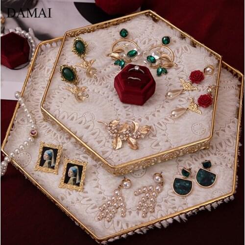 European Gold Inlay Trays Hollowing Gilded Decorative Lace Jewelry Ring Earrings Storage Display Tray Dressing Table Decoration