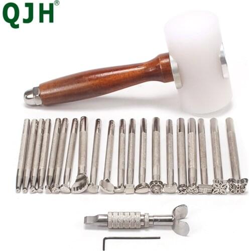 DIY Leather Embossing Tool Different Shape Stamps Carving Wooden Hammer Adjustable Swivel Knife Leather Craft Stamp Tool Kits