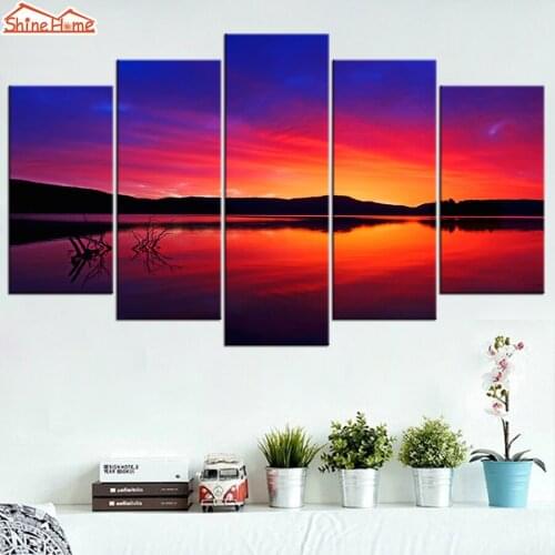 ShineHome-5 Piece Canvas Picture Prints Printing Wall Painting Modular Sunrise Lake Skyline Home Decor TV Sofa Living Room Art