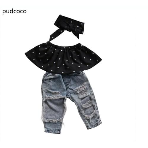 Kids Baby Girls Summer Dot Sleeveless Off Shoulder Tops+Ripped Pocket Jeans+Headband 3PCS Outfits Clothes Sets Clothing
