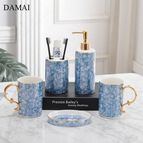 Creative Marble Texture Ceramic Bathroom Set Nordic Modern Household Five Piece Set Golden Stroke Bone China Shower Accessories