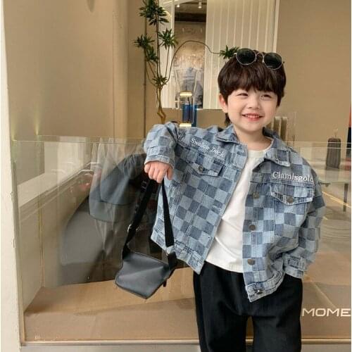 Toddler Boys Jackets 2021 Spring New Childrens Fashion Plaid Denim Coats Korean Casual Loose Lapel Denim Jackets for Boy 2-8 Y