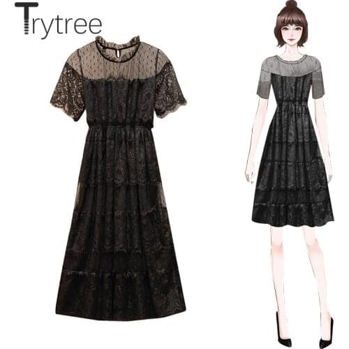 Trytree 2020 Summer Women Dress Casual O-neck A-line Lace Patchwork Mesh Temperament Black Fashion Knee-Length Office Lady Dress