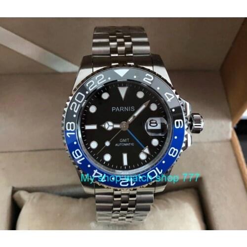 40mm PARNIS Sapphire Crystal GMT Automatic machinery movement luminous mens watches Blue & black ceramic bezel pa62-p8