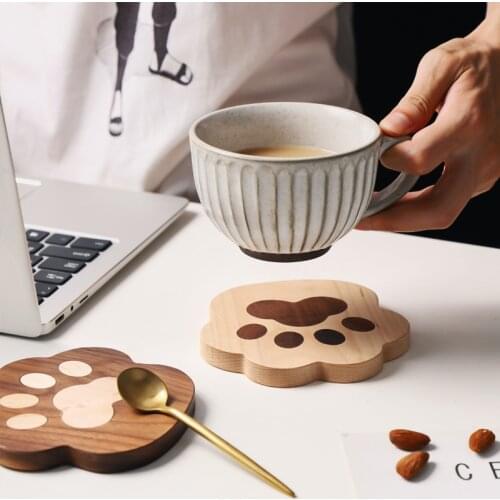DUNXDECO Table Placemat Coffee Cup Pad Fresh Cute Cat Claw Wood Coasters Unique Cork Coaster Mat Modern Art Desk Decoration 2PCS