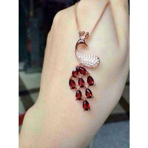 Natural red garnet Pendant natural gemstone pendant necklace 925 sterling silver Elegant Lovely Peacock girl gift fine jewelery