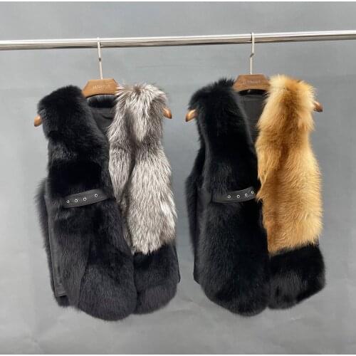 New Arrival Womens Fur Coat 2021 Fashion Real Fox Fur Vest With Belt Black Luxury Red Fox Fur WaistCoat