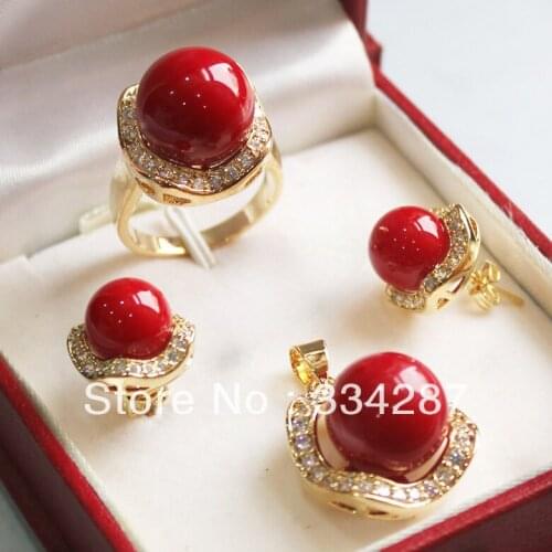 New Listed! Red South Sea Shell Pearl Ring Pendant Earring Jewelry Set