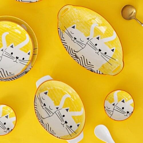 7.5-12 Inch Japanese White Cat Dinner Plate,Sushi Set Plate,Ceramic Oval Snack Plate,Microwave Oven Baking Plate