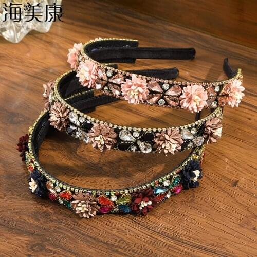 Haimeikang Personality Luxury Rhinestone Headband Baroque Fashion Crystal Flower Hair Hoop Show Hairband Hair Accesssories 2021