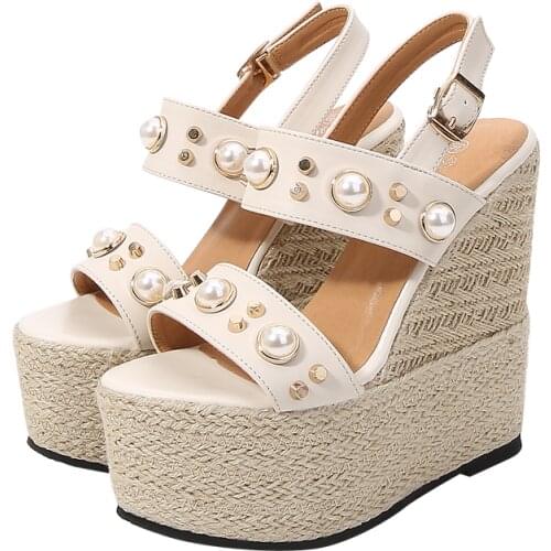 Sandals women Super High Heel wedge15cm summer platform shoes Party evening dress shoes comfortable wedding pearls shoes