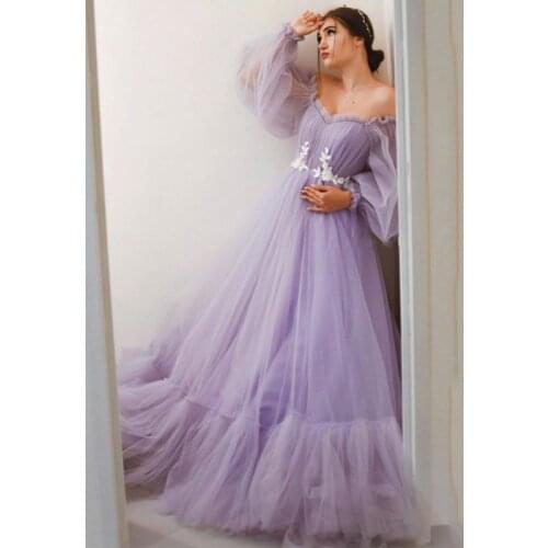 Thinyfull Lavender Tulle Evening Dress Applique Puffy Sleeves Off Shoulder A-Line Princess Prom Gowns 2021 Pregnant Dress Custom