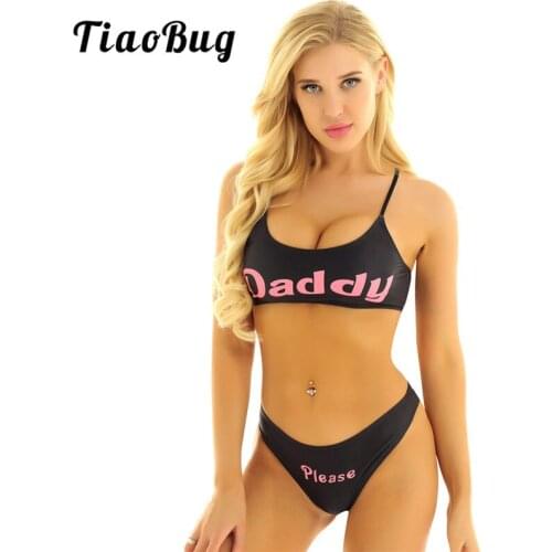 TiaoBug Women Adjustable Shoulder Straps Letters Printed Mini Bra Crop Tops with Briefs Underwear Bikini Set Hot Sexy Swimsuit