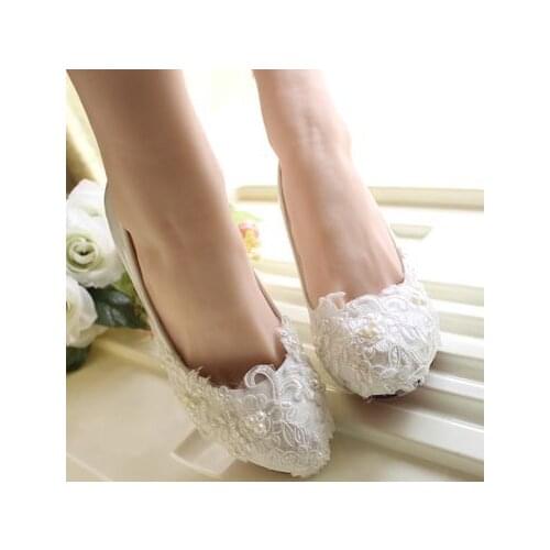 Fashion white lace pearls brides shoes female womens white lace wedding shoes brides bridesmaid pumps shoes plus sizes