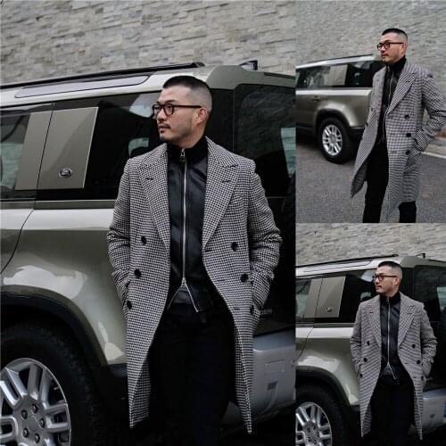 Black Check Tweed Men Suits for Wedding Groom Tuxedo Custom Made Fashion Long Coat Suit Party Prom Formal Blazer Only One Jacket