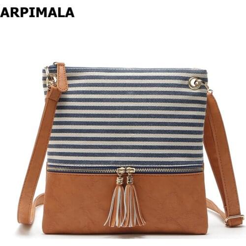 ARPIMALA Canvas Crossbody Bag Lady Striped Blue Handbags Casual Tassel Women Messenger Bags Small Clutch Black White Purse