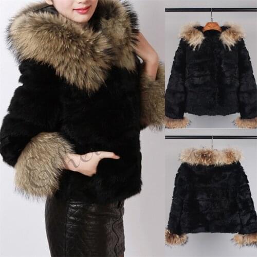 Ethel Anderson Womens Real Rabbit Fur Coat Real Fur Hoodie Raccoon Fur Hood Trim Raccoon Fur Cuffs Cute