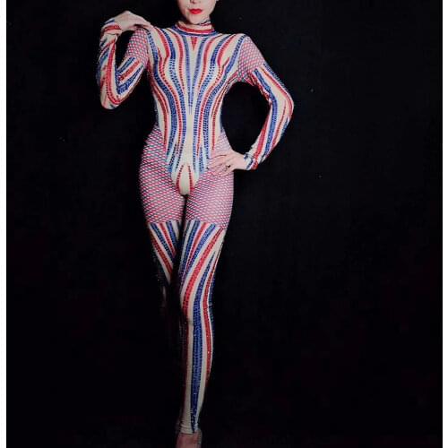 Shining Multicolor Diamonds Striped Women Jumpsuit Mesh Perspective Tight Stretch Bodysuits Nightclub Singer Stage Dance Costume