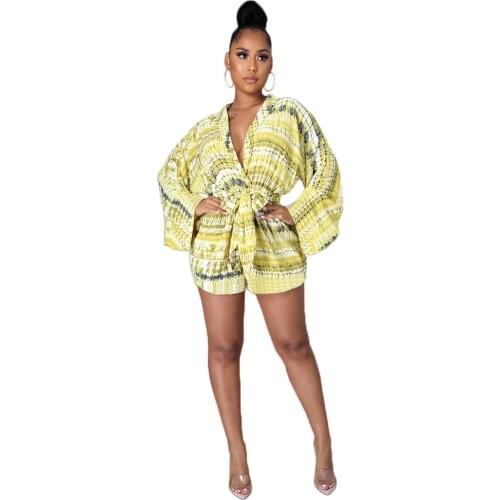 RStylish 2021 Autumn New Tie-Dye Print V Neck Long Sleeve Lace-Up Loose Fitting One Piece Women Rompers