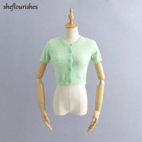 Knit sweater women 2021 summer short sleeve cardigan kawaii mohair sweater soft o neck top solid white black cardigan green