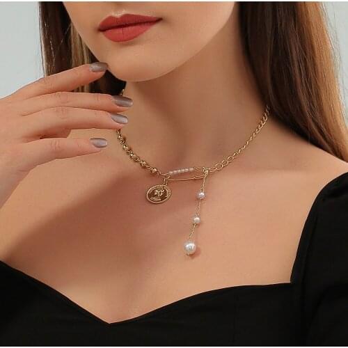 New Link Chains Choker Necklace Women Bijoux Femme Paper Clip Pendant Necklace Simulated Pearl Jewelry Tassel Chains Collar