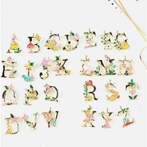 104pcs 4 sets DIY jewelry accessories enamel alloy gold-color floral English letter listing charms pendant CH0077