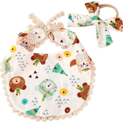 2 Pcs/Set Baby Feeding Drool Bib Floral Headband Set Lace-up Tassel Saliva Towel Soft Cotton Triangle Bandana Burp Cloth for