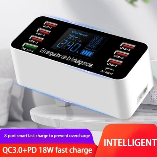 8 Port USB PD 18W Charger Desktop Charging Station Hub Type C Quick Charge 3.0 LCD Display for Mobile Phone iPad Fast Charger
