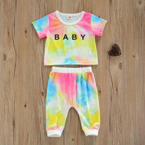 Baby Girls Tie-dye Clothes Set, Letter Print Short Sleeve O-neck T-shirt + Elastic Waist Long Pants Summer