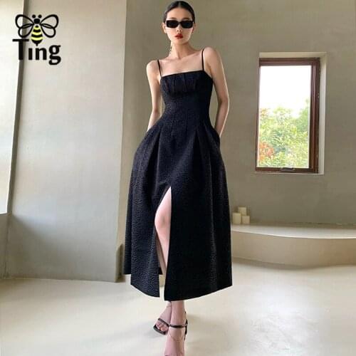 Tingfly Designer Vintage Elegant Jaquard Black Party Dinner Dress High Quality Split Midi Long Summer Strap Goblincore Vestidos