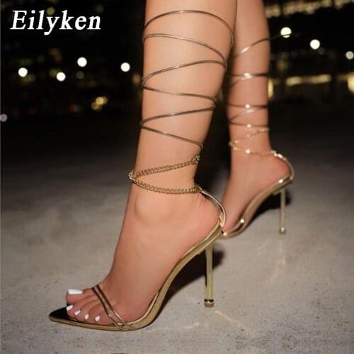Eilyken 2021 Fashion Women Summer Sandals Sexy Pointed Toe Ankle Cross Lace-Up Stiletto High Heels Ladies Party Shoes Size 35-42