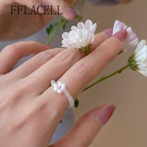 FFLACELL 2020 Korea New Vibrant Pink Flower Bead String Woven Ring Women Party Jewelry