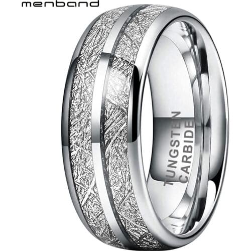 Tungsten Men Ring Women Ring Wedding Band With Double Groove White Meteorite Inlay 8MM Comfort Fit