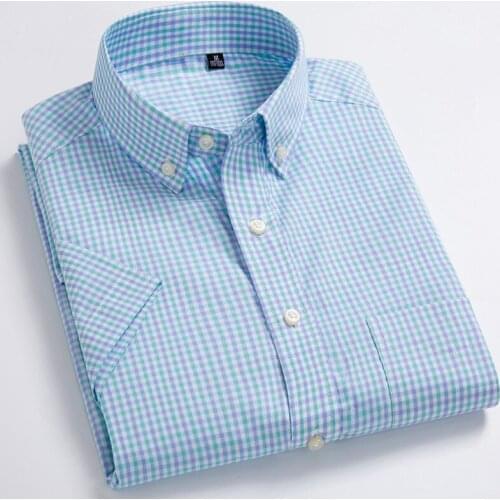 Summer 100% Pure Cotton Short Sleeve Shirt Men Checker Korean Ultra-thin Slim Mens Shirt Casual Slim Fit Half-sleeved Shirt