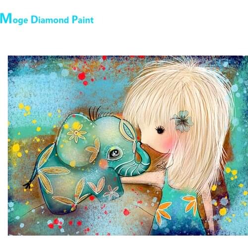 Little Elephant Girl Diamond Painting Round Full Drill DIY Mosaic Embroidery 5D Cross Stitch Animal Portrait Cartoon Pattern