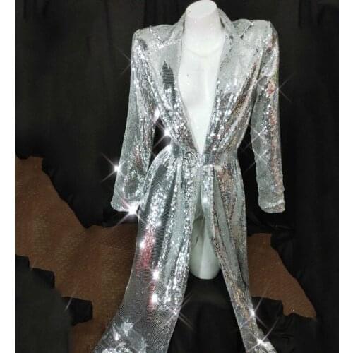 New GOGO Dancer Costume Full Sequin Clothing Silver Jacket Singers Clothes DJ Wear Party Performance Dance Outfit Glitter Coat