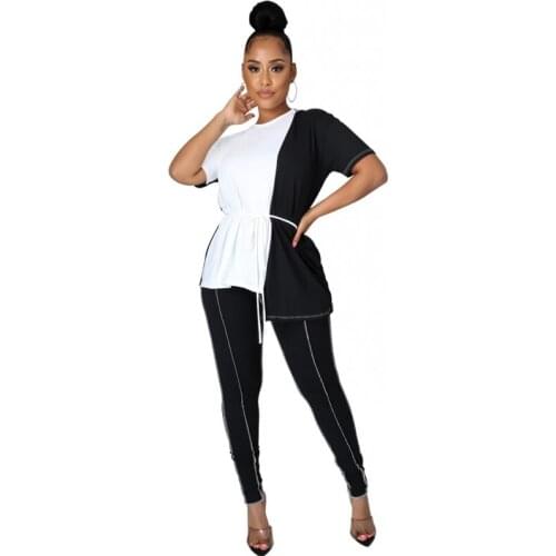 Summer Matching Sets Women Patchwork Short Sleeve O-neck Short Tops Sheath Elastic Pants 2 Piece Set Casual Clothing Pant Sets