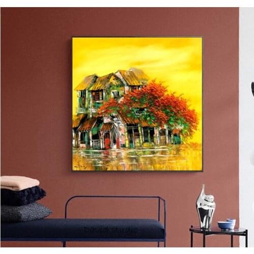 Hand Pained Knife Painting Abstract Art Streetscene Corner in Vietnamese Art for Living Room Wall Decoration