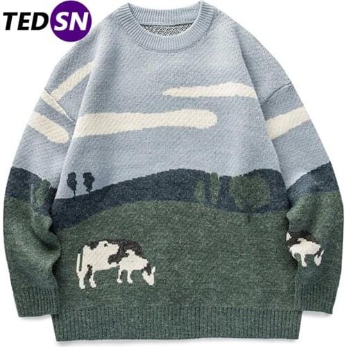 2021 Men Cow Vintage Winter Sweater Pullover O-Neck Korean Knitted Sweater Women Casual Harajuku Couple Knit Streetwear Oversize